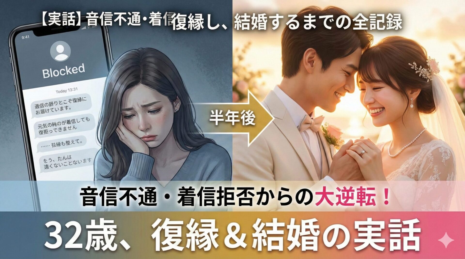 音信不通・着信拒否で悩む32歳女性が、半年後に復縁し結婚するまでの実話体験談のビフォーアフターイラスト